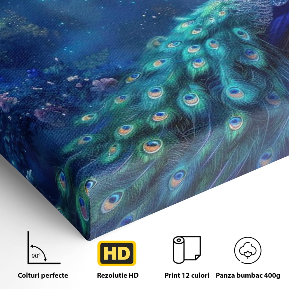 Tablou Canvas Premium, LuxCanva® M1057, Oracolul Noptii Albastre, Paun, Noapte, Stele, Luna, Gradina, Flori, Mistic, Eleganta, Mister, Vis, Birou, Living, Camera Copil