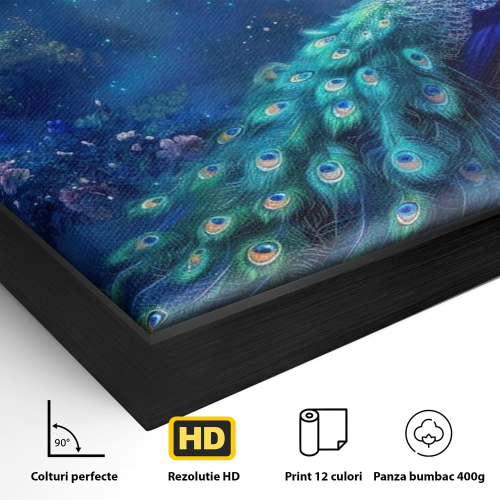 Tablou Canvas Premium, LuxCanva® M1057, Oracolul Noptii Albastre, Paun, Noapte, Stele, Luna, Gradina, Flori, Mistic, Eleganta, Mister, Vis, Birou, Living, Camera Copil
