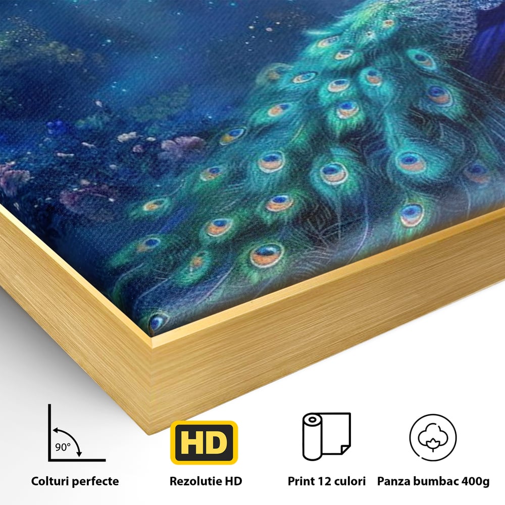 Tablou Canvas Premium, LuxCanva® M1057, Oracolul Noptii Albastre, Paun, Noapte, Stele, Luna, Gradina, Flori, Mistic, Eleganta, Mister, Vis, Birou, Living, Camera Copil