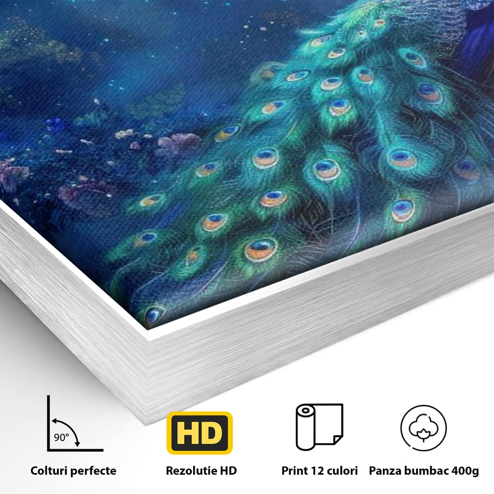 Tablou Canvas Premium, LuxCanva® M1057, Oracolul Noptii Albastre, Paun, Noapte, Stele, Luna, Gradina, Flori, Mistic, Eleganta, Mister, Vis, Birou, Living, Camera Copil