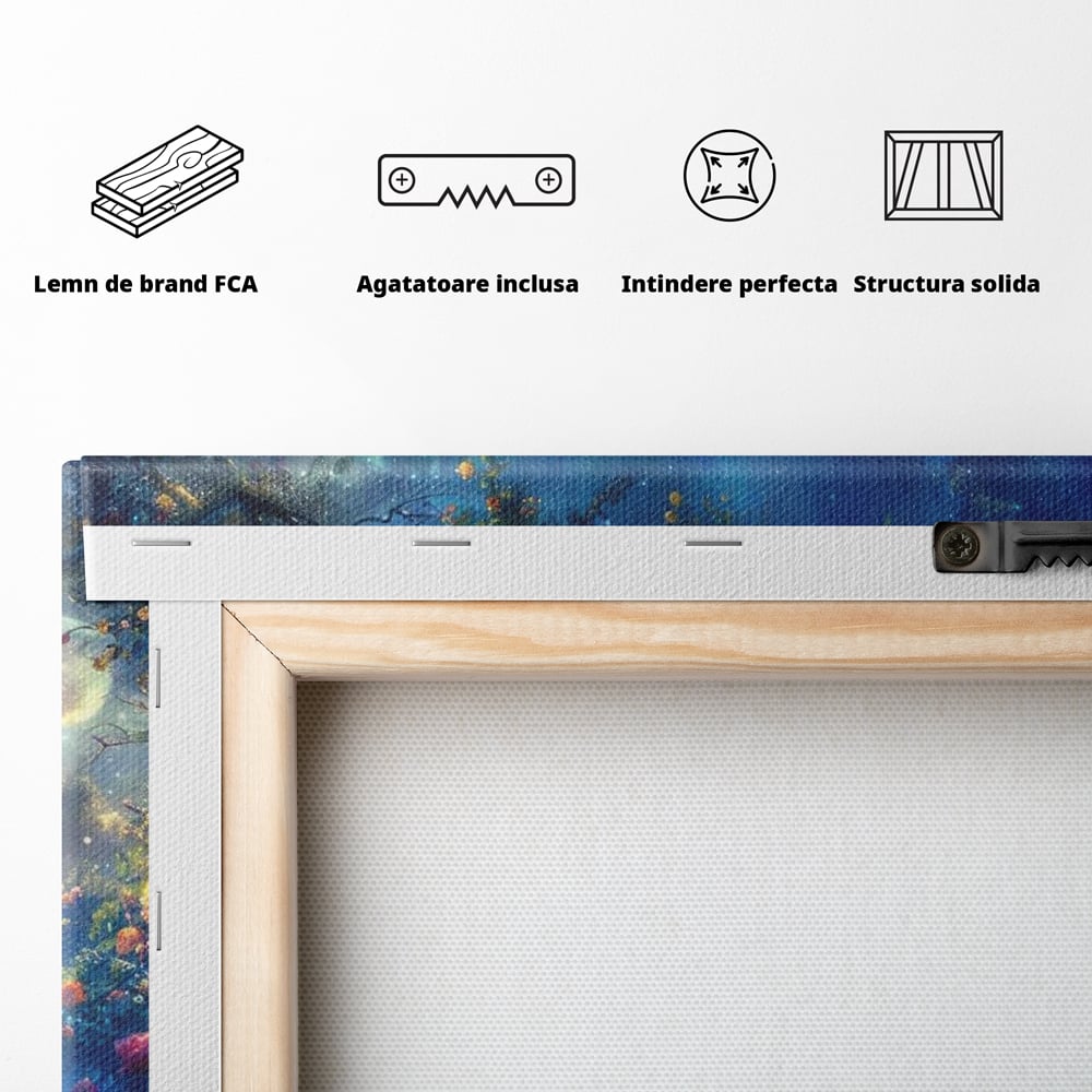 Tablou Canvas Premium, LuxCanva® M1057, Oracolul Noptii Albastre, Paun, Noapte, Stele, Luna, Gradina, Flori, Mistic, Eleganta, Mister, Vis, Birou, Living, Camera Copil