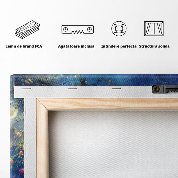 Tablou Canvas Premium, LuxCanva® M1057, Oracolul Noptii Albastre, Paun, Noapte, Stele, Luna, Gradina, Flori, Mistic, Eleganta, Mister, Vis, Birou, Living, Camera Copil