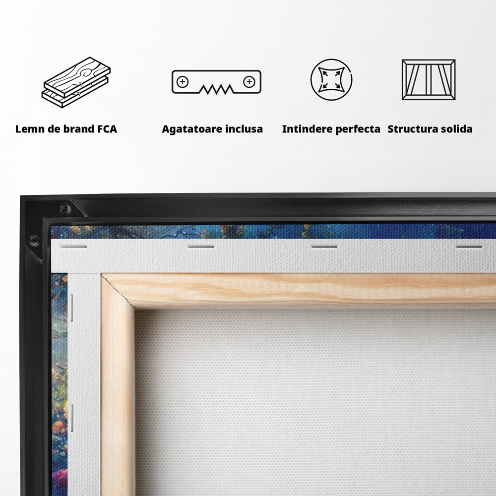 Tablou Canvas Premium, LuxCanva® M1057, Oracolul Noptii Albastre, Paun, Noapte, Stele, Luna, Gradina, Flori, Mistic, Eleganta, Mister, Vis, Birou, Living, Camera Copil