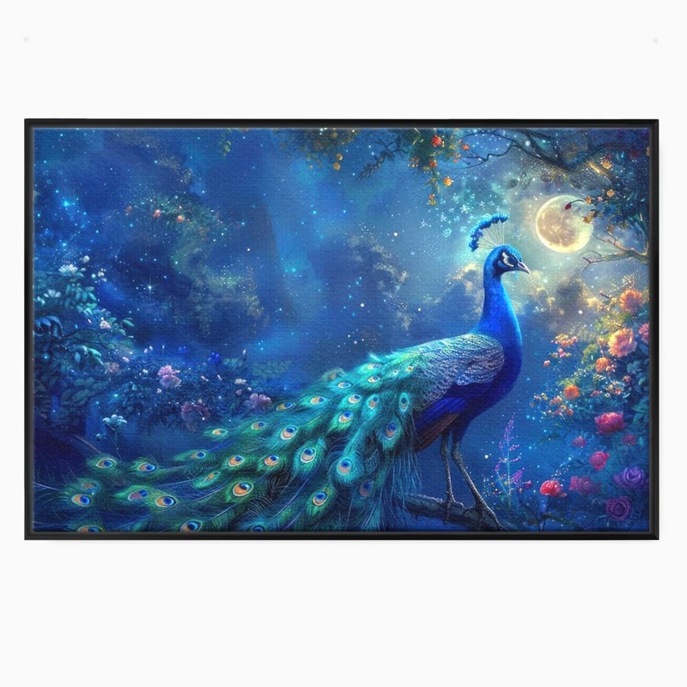 Tablou Canvas Premium, LuxCanva® M1057, Oracolul Noptii Albastre, Paun, Noapte, Stele, Luna, Gradina, Flori, Mistic, Eleganta, Mister, Vis, Birou, Living, Camera Copil
