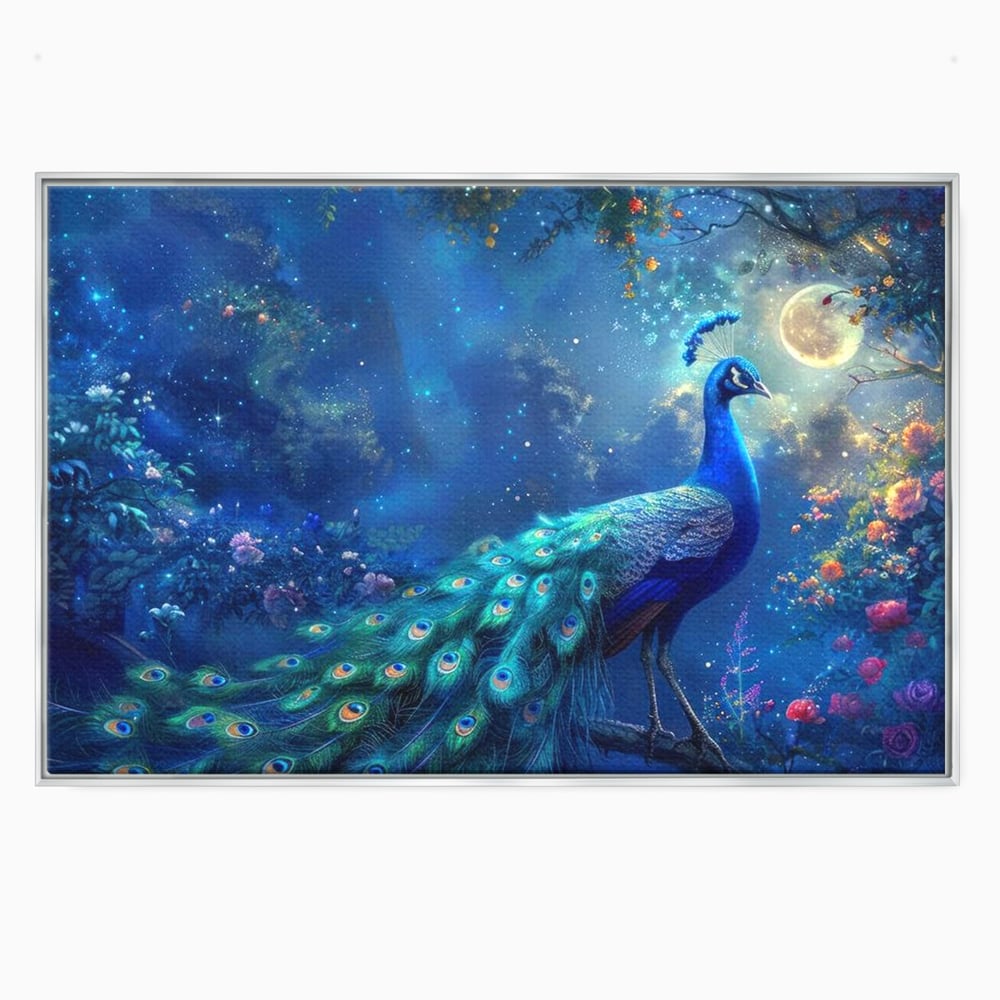 Tablou Canvas Premium, LuxCanva® M1057, Oracolul Noptii Albastre, Paun, Noapte, Stele, Luna, Gradina, Flori, Mistic, Eleganta, Mister, Vis, Birou, Living, Camera Copil