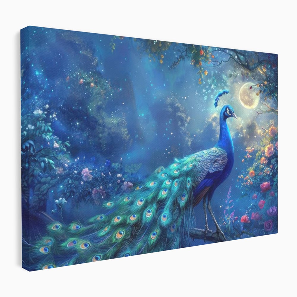 Tablou Canvas Premium, LuxCanva® M1057, Oracolul Noptii Albastre, Paun, Noapte, Stele, Luna, Gradina, Flori, Mistic, Eleganta, Mister, Vis, Birou, Living, Camera Copil
