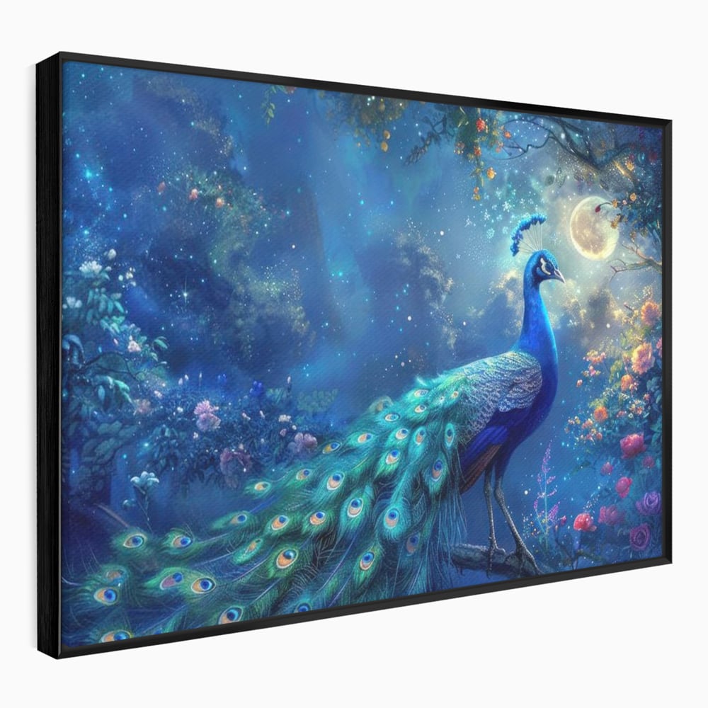 Tablou Canvas Premium, LuxCanva® M1057, Oracolul Noptii Albastre, Paun, Noapte, Stele, Luna, Gradina, Flori, Mistic, Eleganta, Mister, Vis, Birou, Living, Camera Copil