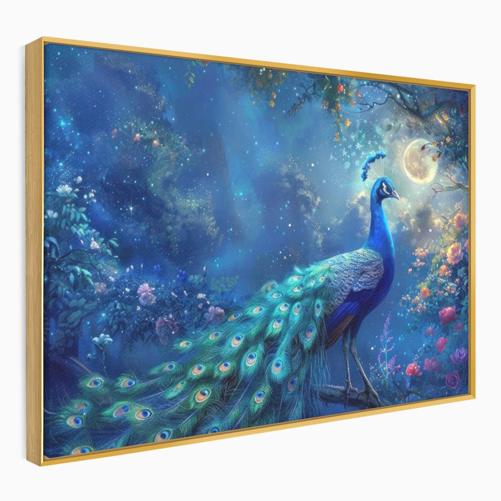 Tablou Canvas Premium, LuxCanva® M1057, Oracolul Noptii Albastre, Paun, Noapte, Stele, Luna, Gradina, Flori, Mistic, Eleganta, Mister, Vis, Birou, Living, Camera Copil