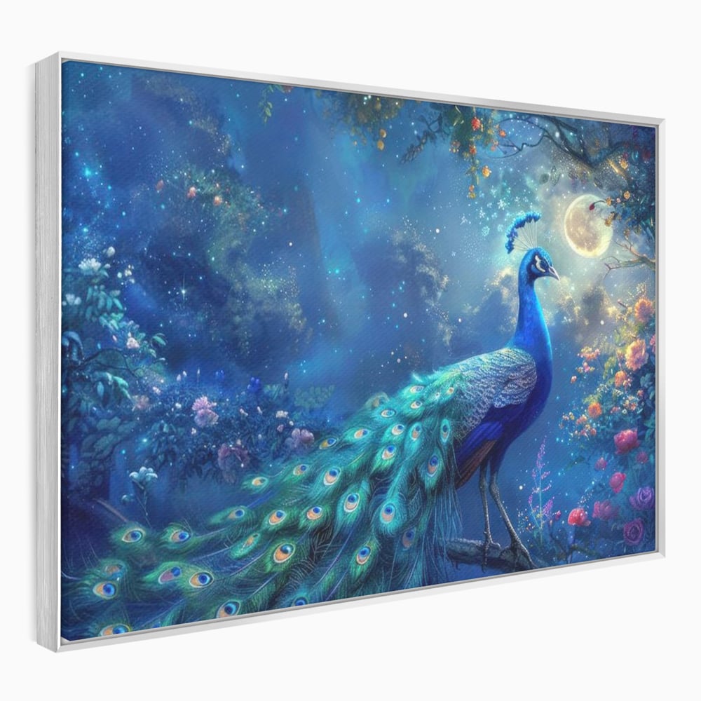 Tablou Canvas Premium, LuxCanva® M1057, Oracolul Noptii Albastre, Paun, Noapte, Stele, Luna, Gradina, Flori, Mistic, Eleganta, Mister, Vis, Birou, Living, Camera Copil