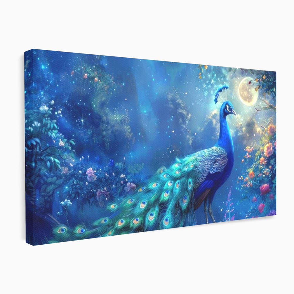Tablou Canvas Premium, LuxCanva® M1057, Oracolul Noptii Albastre, Paun, Noapte, Stele, Luna, Gradina, Flori, Mistic, Eleganta, Mister, Vis, Birou, Living, Camera Copil
