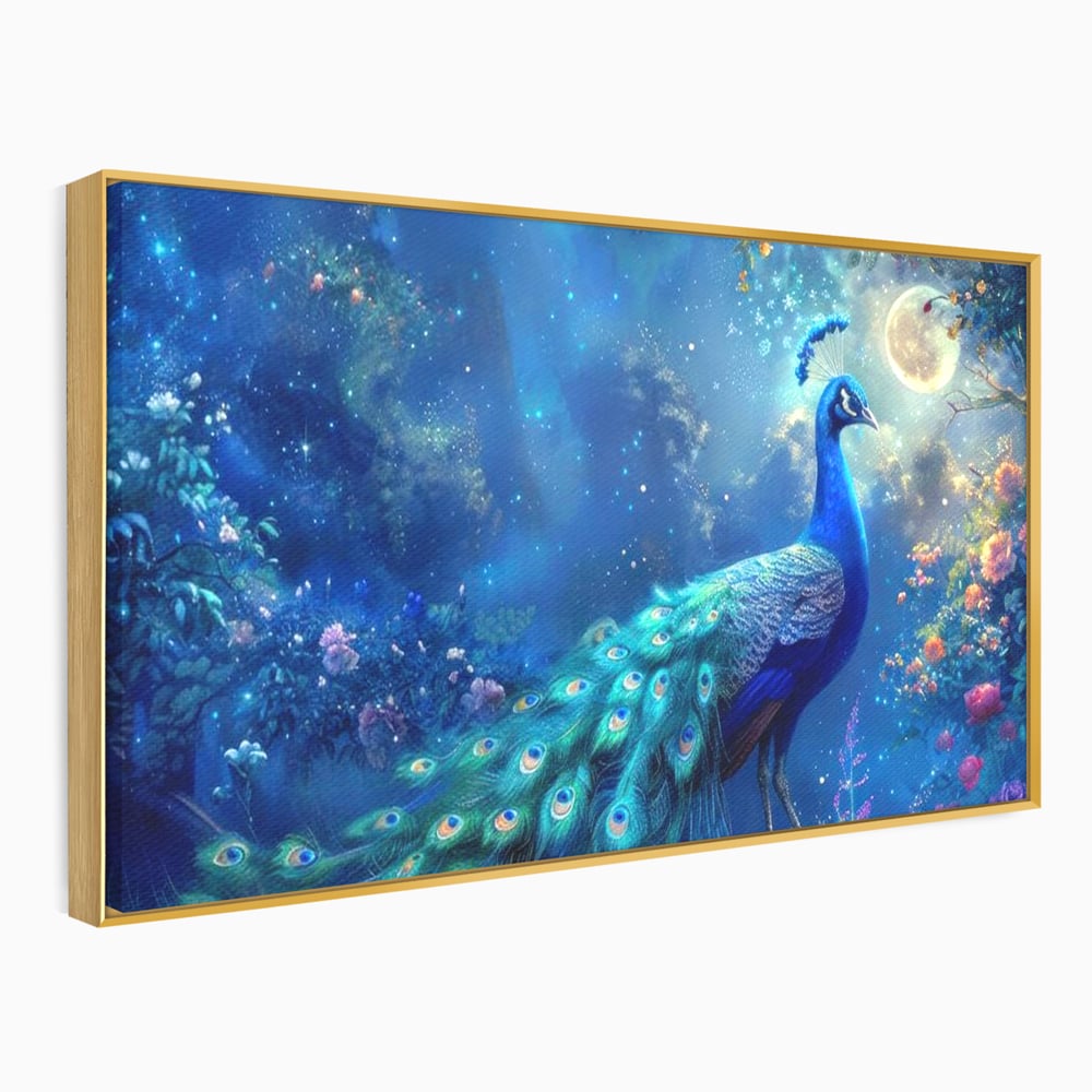 Tablou Canvas Premium, LuxCanva® M1057, Oracolul Noptii Albastre, Paun, Noapte, Stele, Luna, Gradina, Flori, Mistic, Eleganta, Mister, Vis, Birou, Living, Camera Copil