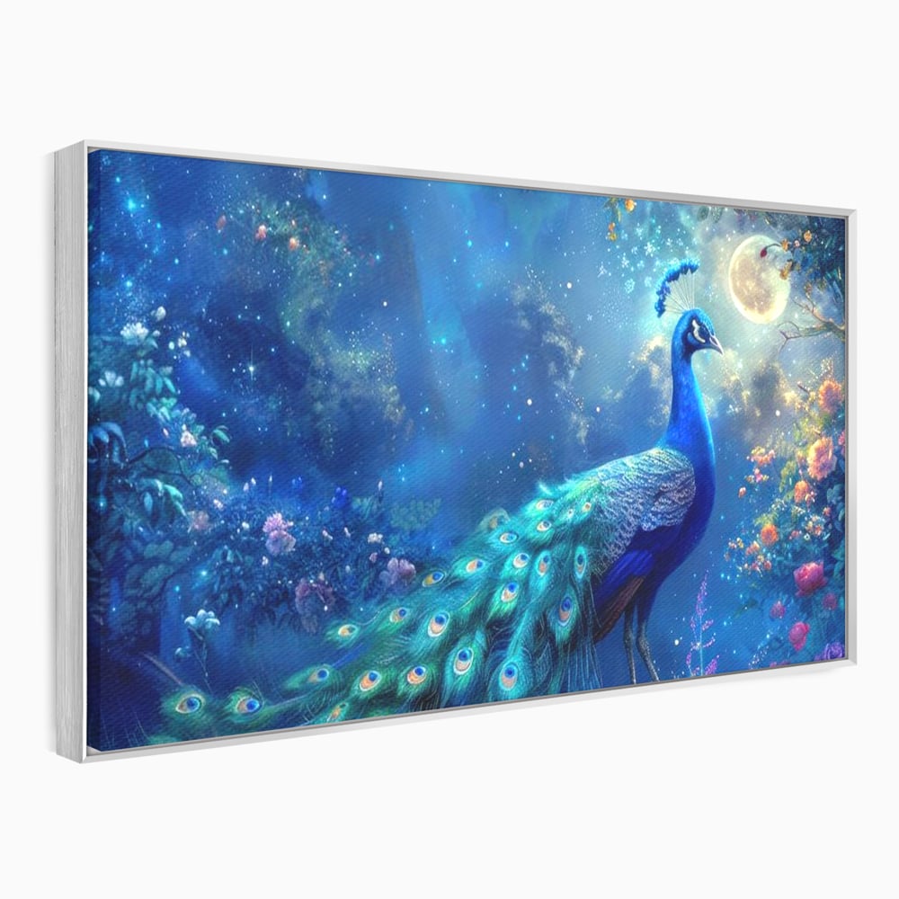 Tablou Canvas Premium, LuxCanva® M1057, Oracolul Noptii Albastre, Paun, Noapte, Stele, Luna, Gradina, Flori, Mistic, Eleganta, Mister, Vis, Birou, Living, Camera Copil