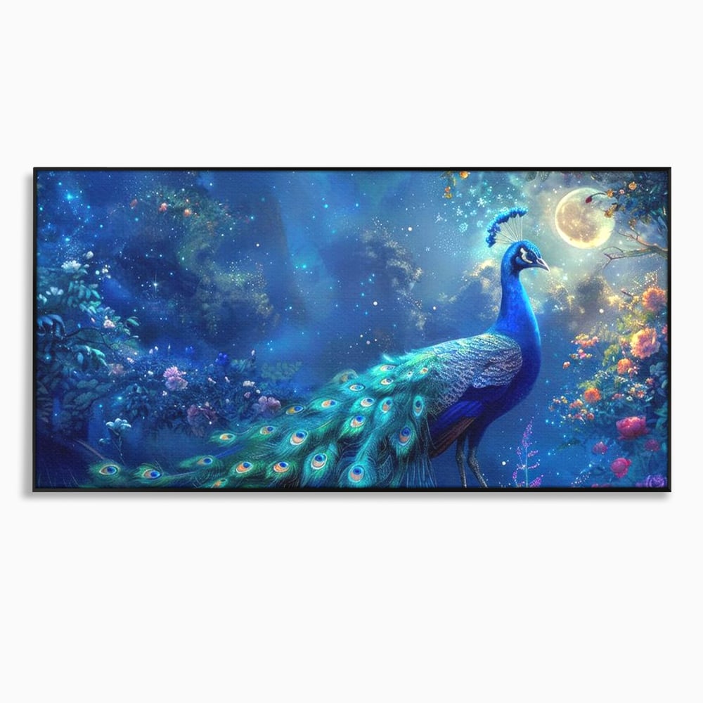 Tablou Canvas Premium, LuxCanva® M1057, Oracolul Noptii Albastre, Paun, Noapte, Stele, Luna, Gradina, Flori, Mistic, Eleganta, Mister, Vis, Birou, Living, Camera Copil