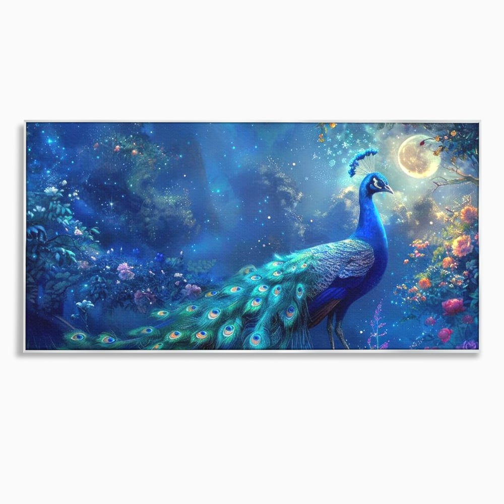 Tablou Canvas Premium, LuxCanva® M1057, Oracolul Noptii Albastre, Paun, Noapte, Stele, Luna, Gradina, Flori, Mistic, Eleganta, Mister, Vis, Birou, Living, Camera Copil