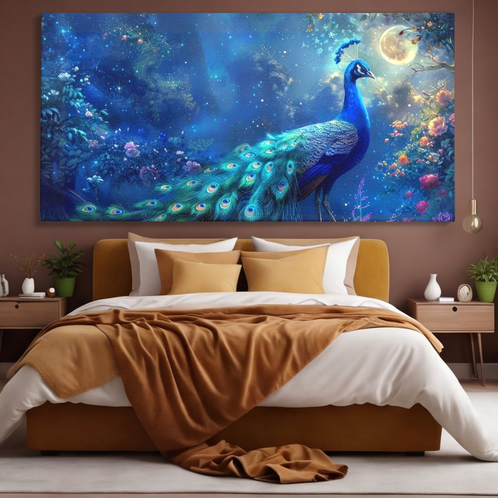 Tablou Canvas Premium, LuxCanva® M1057, Oracolul Noptii Albastre, Paun, Noapte, Stele, Luna, Gradina, Flori, Mistic, Eleganta, Mister, Vis, Birou, Living, Camera Copil