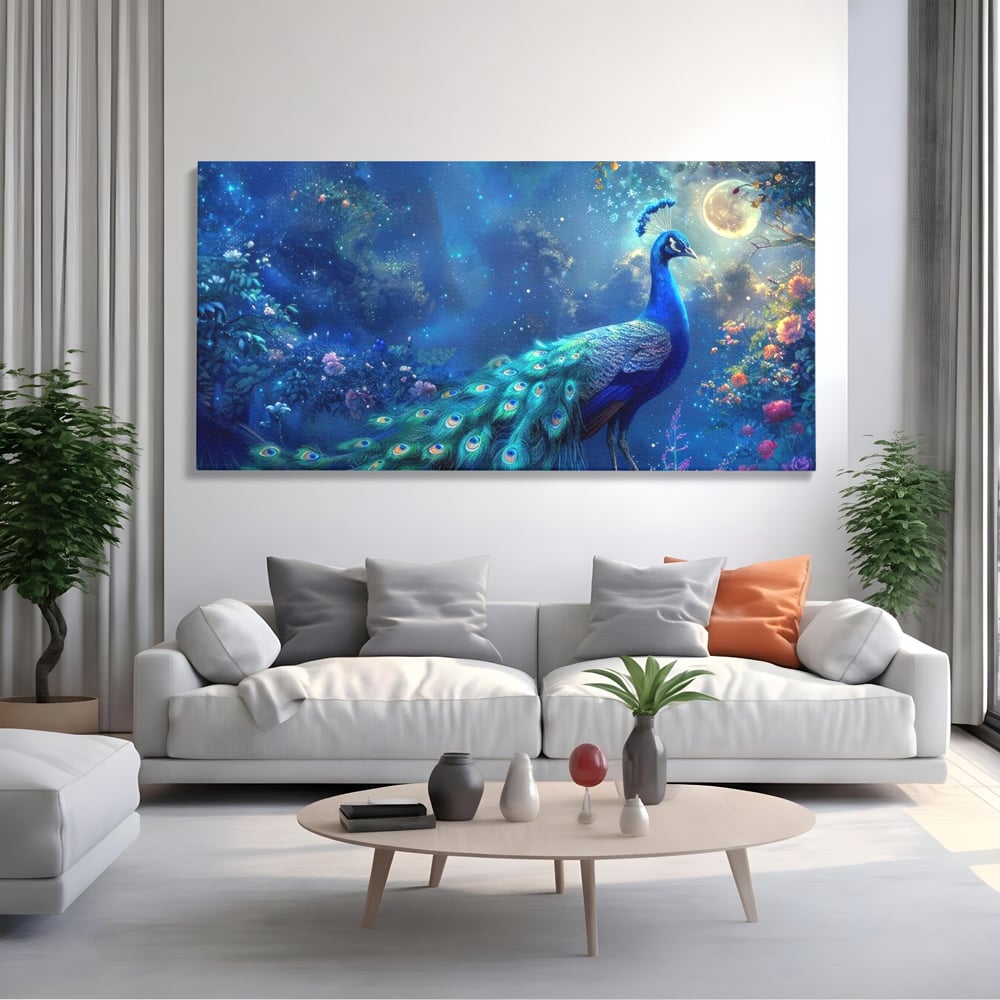 Tablou Canvas Premium, LuxCanva® M1057, Oracolul Noptii Albastre, Paun, Noapte, Stele, Luna, Gradina, Flori, Mistic, Eleganta, Mister, Vis, Birou, Living, Camera Copil