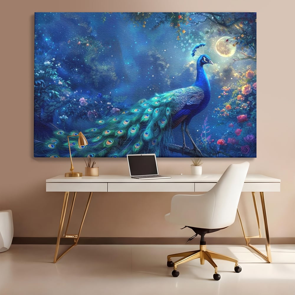 Tablou Canvas Premium, LuxCanva® M1057, Oracolul Noptii Albastre, Paun, Noapte, Stele, Luna, Gradina, Flori, Mistic, Eleganta, Mister, Vis, Birou, Living, Camera Copil