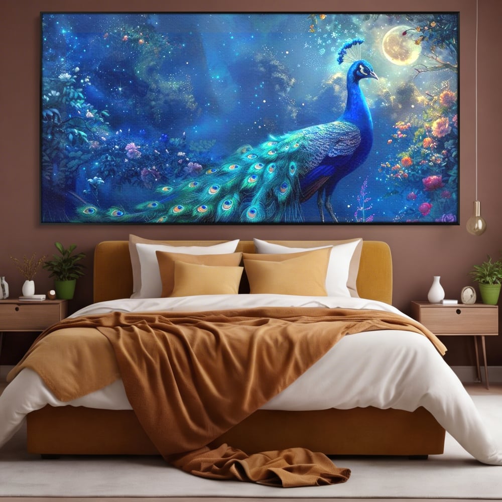 Tablou Canvas Premium, LuxCanva® M1057, Oracolul Noptii Albastre, Paun, Noapte, Stele, Luna, Gradina, Flori, Mistic, Eleganta, Mister, Vis, Birou, Living, Camera Copil