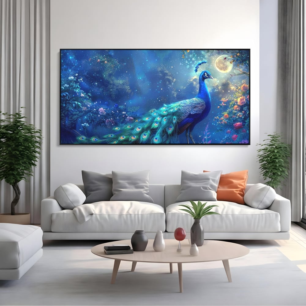 Tablou Canvas Premium, LuxCanva® M1057, Oracolul Noptii Albastre, Paun, Noapte, Stele, Luna, Gradina, Flori, Mistic, Eleganta, Mister, Vis, Birou, Living, Camera Copil