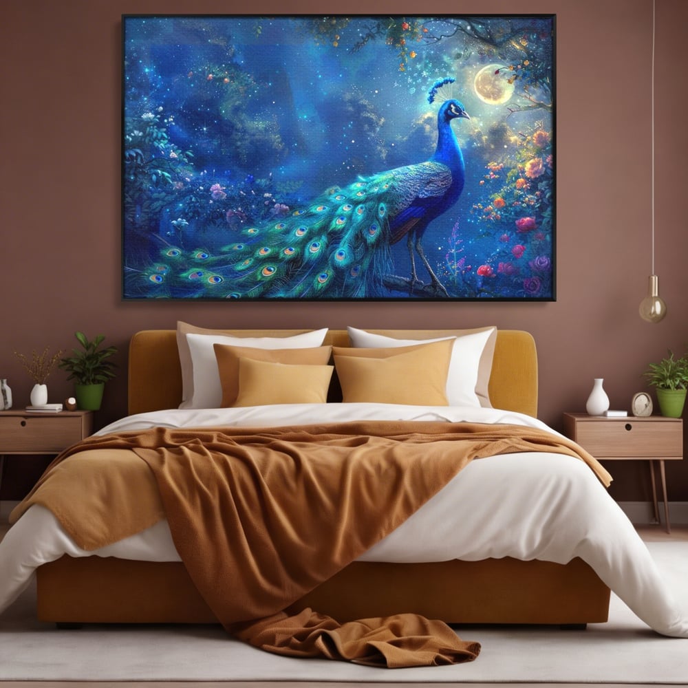 Tablou Canvas Premium, LuxCanva® M1057, Oracolul Noptii Albastre, Paun, Noapte, Stele, Luna, Gradina, Flori, Mistic, Eleganta, Mister, Vis, Birou, Living, Camera Copil