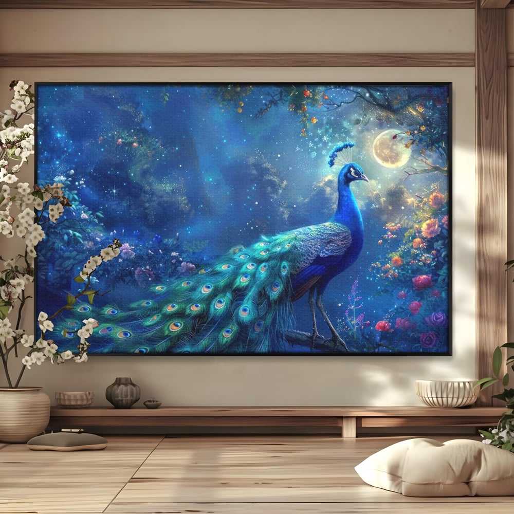 Tablou Canvas Premium, LuxCanva® M1057, Oracolul Noptii Albastre, Paun, Noapte, Stele, Luna, Gradina, Flori, Mistic, Eleganta, Mister, Vis, Birou, Living, Camera Copil