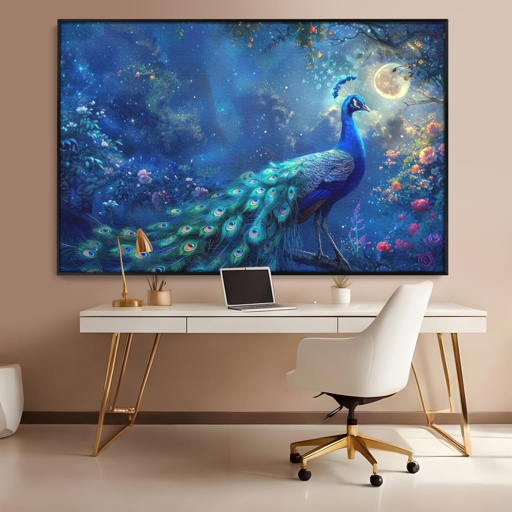 Tablou Canvas Premium, LuxCanva® M1057, Oracolul Noptii Albastre, Paun, Noapte, Stele, Luna, Gradina, Flori, Mistic, Eleganta, Mister, Vis, Birou, Living, Camera Copil