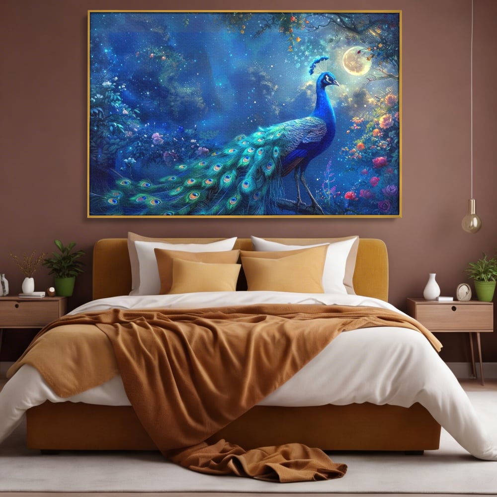 Tablou Canvas Premium, LuxCanva® M1057, Oracolul Noptii Albastre, Paun, Noapte, Stele, Luna, Gradina, Flori, Mistic, Eleganta, Mister, Vis, Birou, Living, Camera Copil