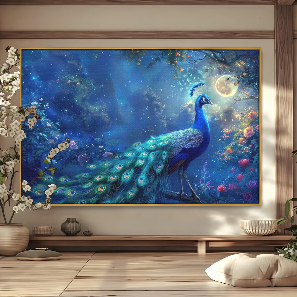 Tablou Canvas Premium, LuxCanva® M1057, Oracolul Noptii Albastre, Paun, Noapte, Stele, Luna, Gradina, Flori, Mistic, Eleganta, Mister, Vis, Birou, Living, Camera Copil