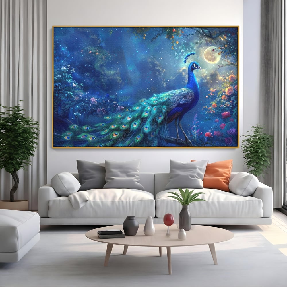 Tablou Canvas Premium, LuxCanva® M1057, Oracolul Noptii Albastre, Paun, Noapte, Stele, Luna, Gradina, Flori, Mistic, Eleganta, Mister, Vis, Birou, Living, Camera Copil