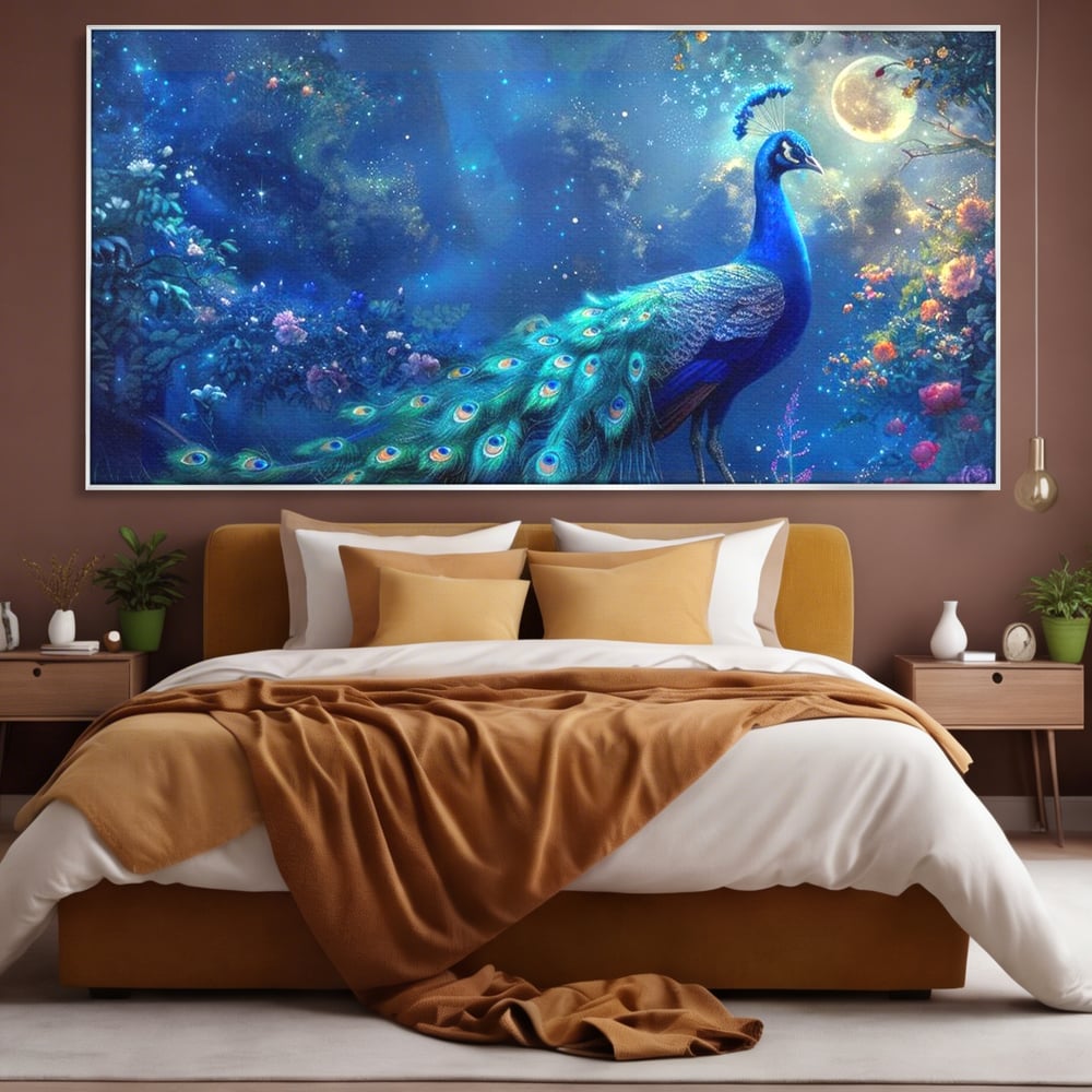 Tablou Canvas Premium, LuxCanva® M1057, Oracolul Noptii Albastre, Paun, Noapte, Stele, Luna, Gradina, Flori, Mistic, Eleganta, Mister, Vis, Birou, Living, Camera Copil