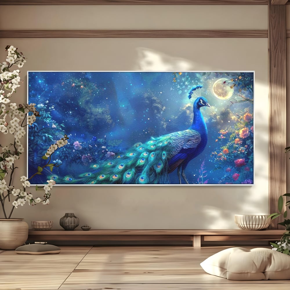 Tablou Canvas Premium, LuxCanva® M1057, Oracolul Noptii Albastre, Paun, Noapte, Stele, Luna, Gradina, Flori, Mistic, Eleganta, Mister, Vis, Birou, Living, Camera Copil