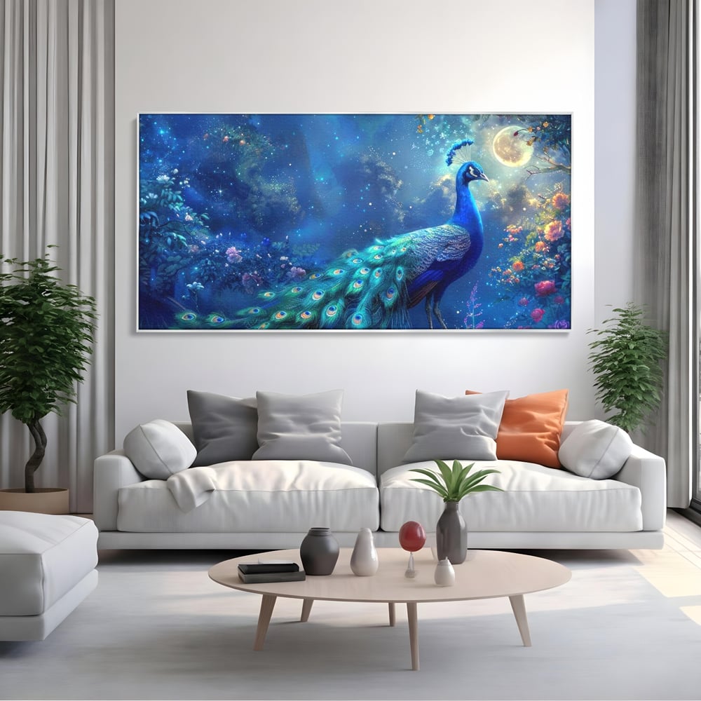 Tablou Canvas Premium, LuxCanva® M1057, Oracolul Noptii Albastre, Paun, Noapte, Stele, Luna, Gradina, Flori, Mistic, Eleganta, Mister, Vis, Birou, Living, Camera Copil