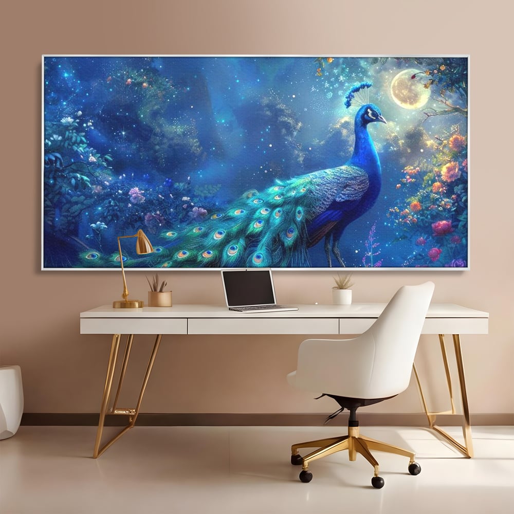 Tablou Canvas Premium, LuxCanva® M1057, Oracolul Noptii Albastre, Paun, Noapte, Stele, Luna, Gradina, Flori, Mistic, Eleganta, Mister, Vis, Birou, Living, Camera Copil