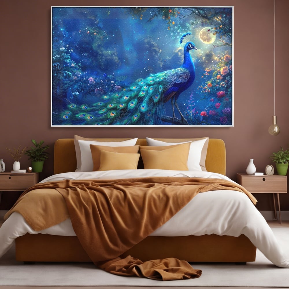Tablou Canvas Premium, LuxCanva® M1057, Oracolul Noptii Albastre, Paun, Noapte, Stele, Luna, Gradina, Flori, Mistic, Eleganta, Mister, Vis, Birou, Living, Camera Copil