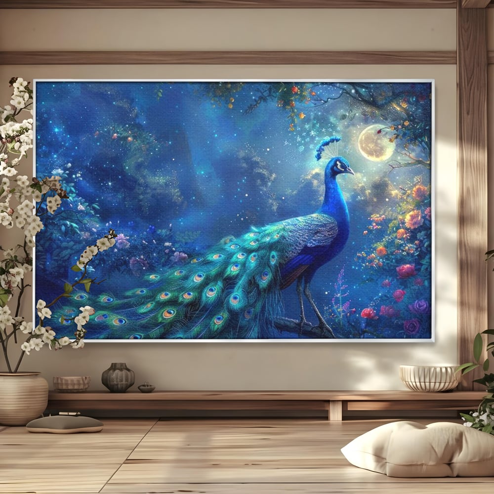 Tablou Canvas Premium, LuxCanva® M1057, Oracolul Noptii Albastre, Paun, Noapte, Stele, Luna, Gradina, Flori, Mistic, Eleganta, Mister, Vis, Birou, Living, Camera Copil