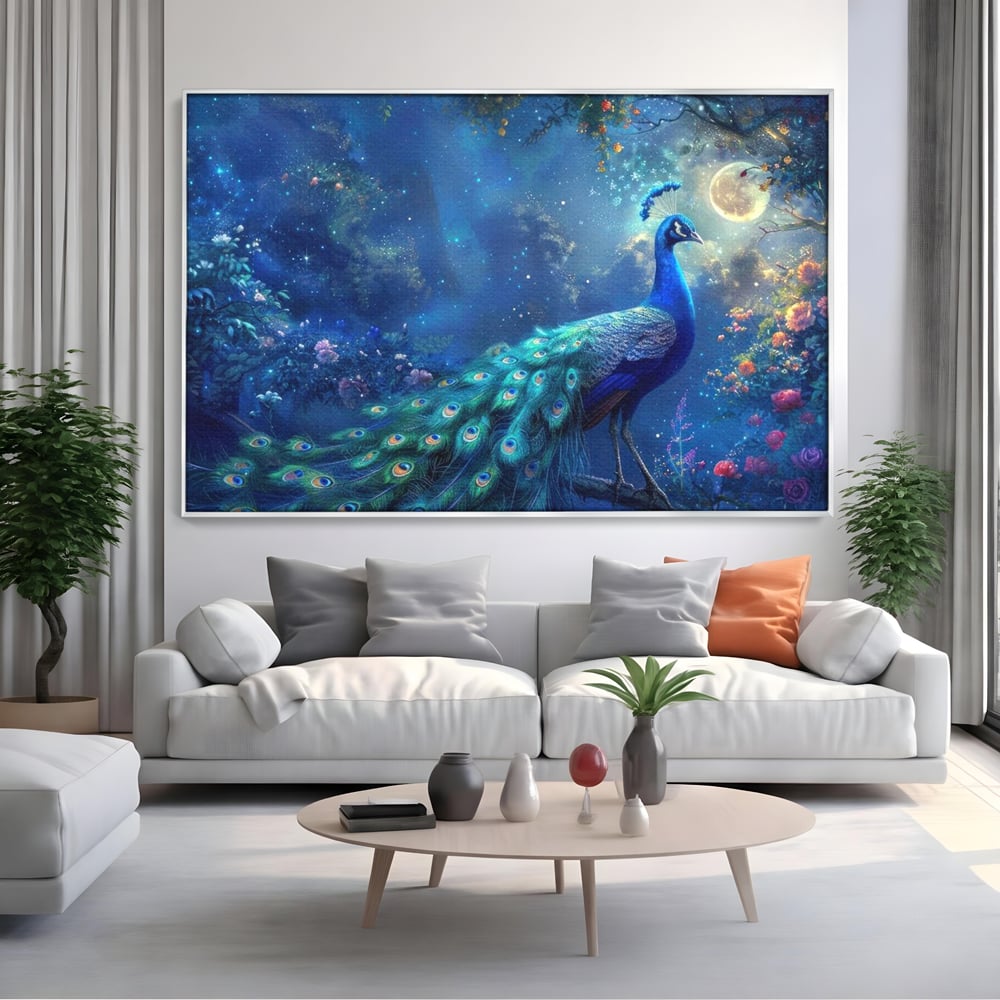 Tablou Canvas Premium, LuxCanva® M1057, Oracolul Noptii Albastre, Paun, Noapte, Stele, Luna, Gradina, Flori, Mistic, Eleganta, Mister, Vis, Birou, Living, Camera Copil