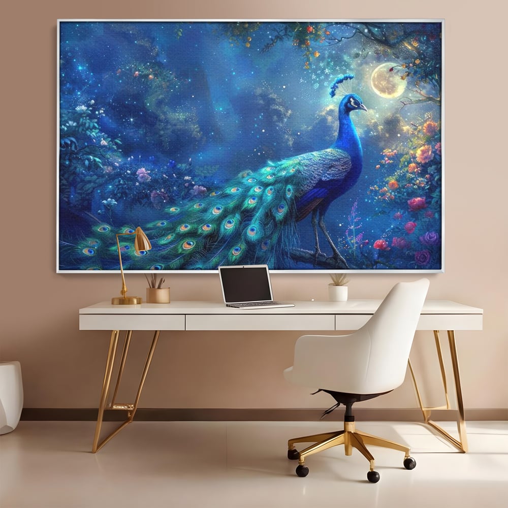 Tablou Canvas Premium, LuxCanva® M1057, Oracolul Noptii Albastre, Paun, Noapte, Stele, Luna, Gradina, Flori, Mistic, Eleganta, Mister, Vis, Birou, Living, Camera Copil
