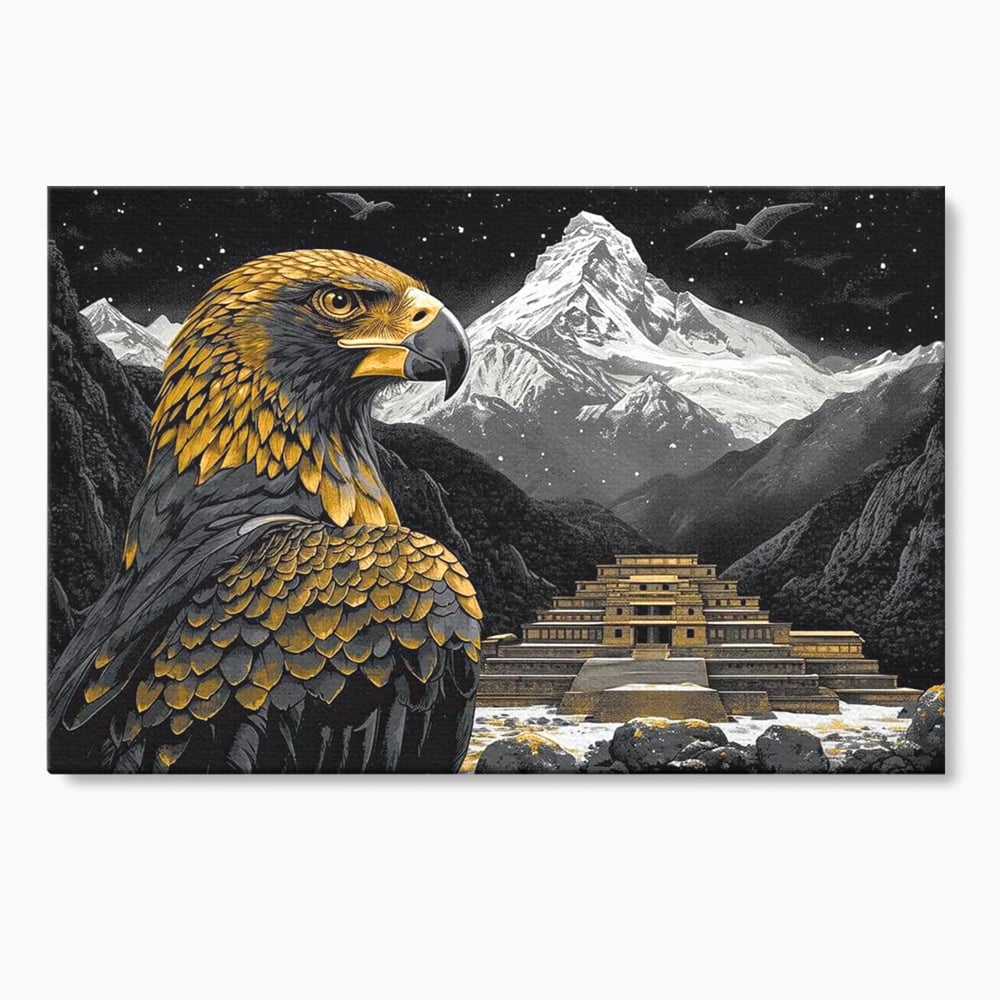 Leinwandbilder Premium, LuxCanva® M1058, Tempelwächter, Adler, Berg, Tempel, Heilig, Golden, Vogel, Ahnen, Azteke, Mythos, Büro, Wohnen, Wohnzimmer, Kinderzimmer