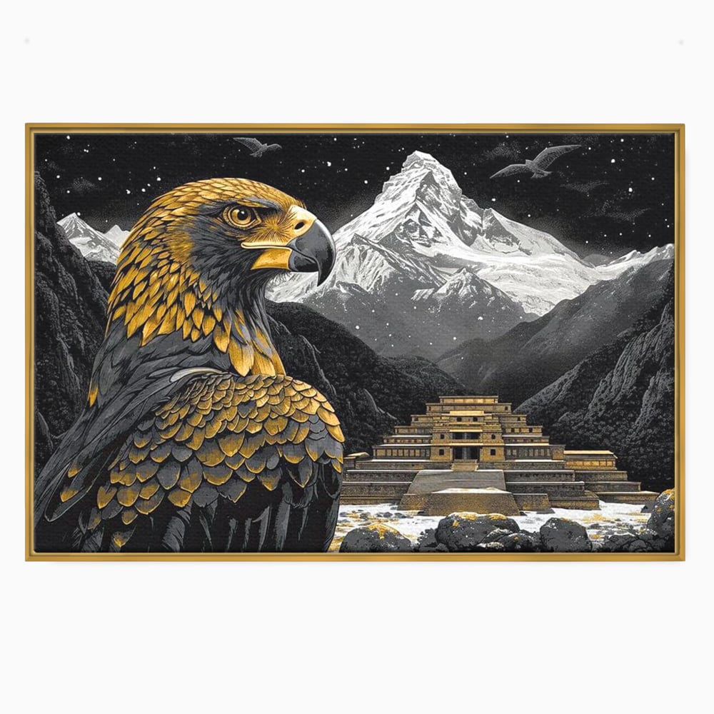 Leinwandbilder Premium, LuxCanva® M1058, Tempelwächter, Adler, Berg, Tempel, Heilig, Golden, Vogel, Ahnen, Azteke, Mythos, Büro, Wohnen, Wohnzimmer, Kinderzimmer