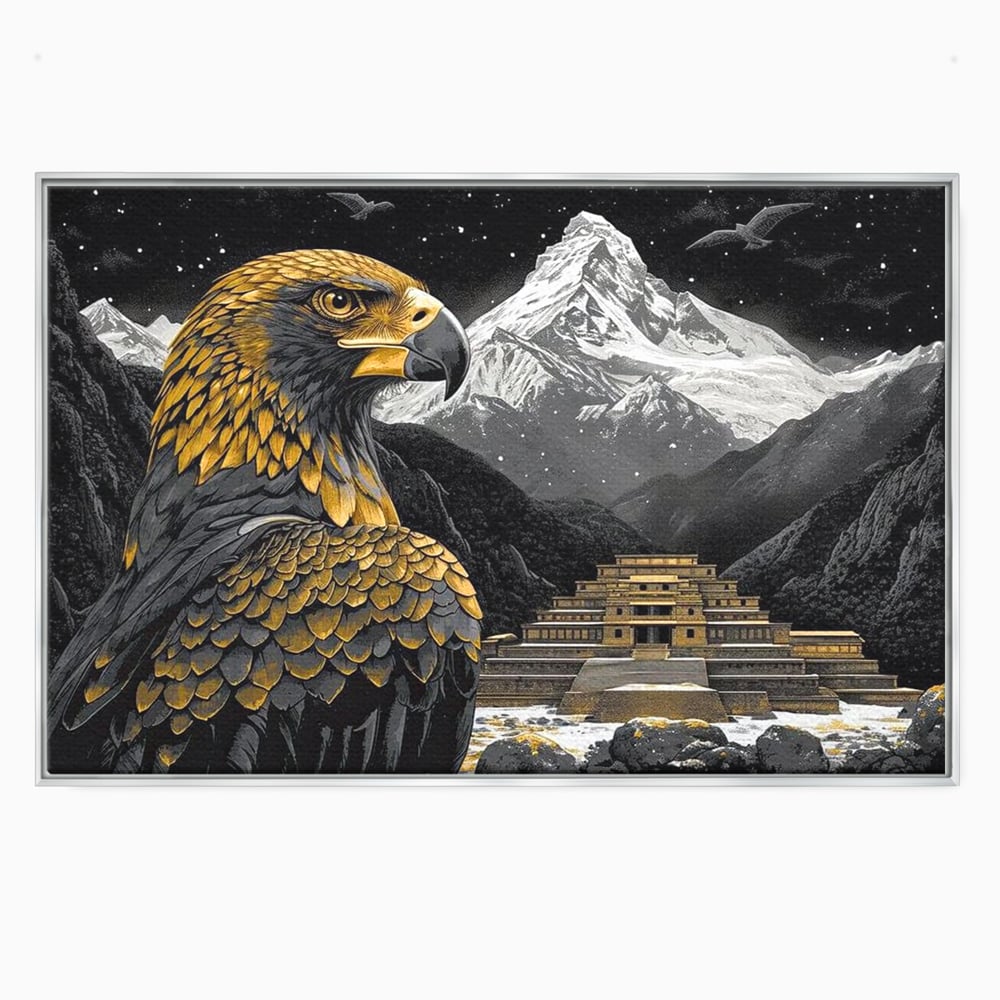 Leinwandbilder Premium, LuxCanva® M1058, Tempelwächter, Adler, Berg, Tempel, Heilig, Golden, Vogel, Ahnen, Azteke, Mythos, Büro, Wohnen, Wohnzimmer, Kinderzimmer