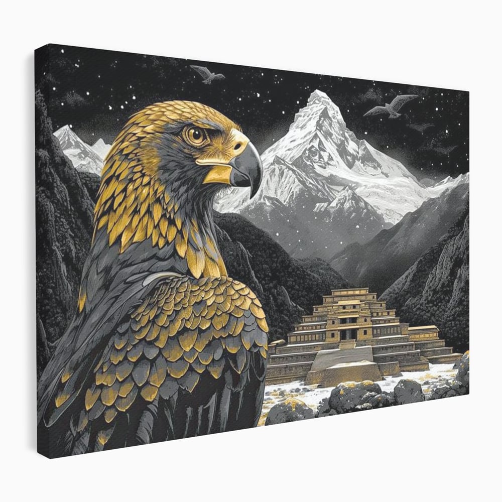 Leinwandbilder Premium, LuxCanva® M1058, Tempelwächter, Adler, Berg, Tempel, Heilig, Golden, Vogel, Ahnen, Azteke, Mythos, Büro, Wohnen, Wohnzimmer, Kinderzimmer