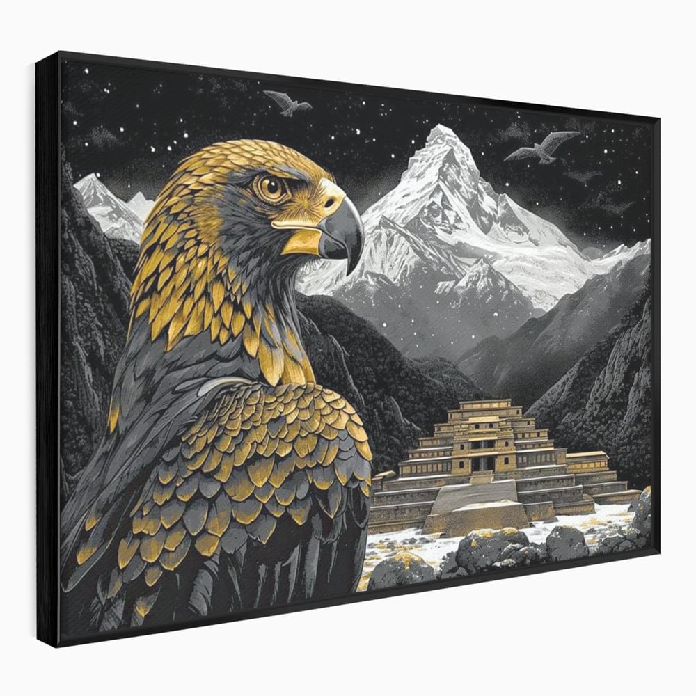 Leinwandbilder Premium, LuxCanva® M1058, Tempelwächter, Adler, Berg, Tempel, Heilig, Golden, Vogel, Ahnen, Azteke, Mythos, Büro, Wohnen, Wohnzimmer, Kinderzimmer