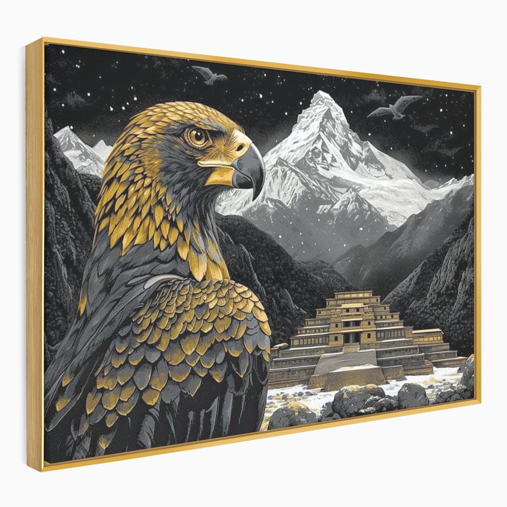 Leinwandbilder Premium, LuxCanva® M1058, Tempelwächter, Adler, Berg, Tempel, Heilig, Golden, Vogel, Ahnen, Azteke, Mythos, Büro, Wohnen, Wohnzimmer, Kinderzimmer
