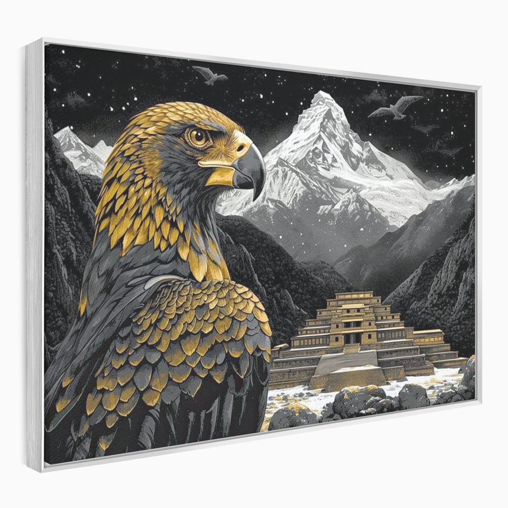 Leinwandbilder Premium, LuxCanva® M1058, Tempelwächter, Adler, Berg, Tempel, Heilig, Golden, Vogel, Ahnen, Azteke, Mythos, Büro, Wohnen, Wohnzimmer, Kinderzimmer