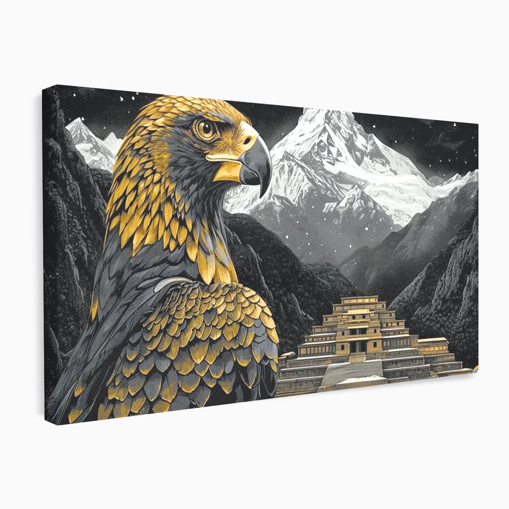 Leinwandbilder Premium, LuxCanva® M1058, Tempelwächter, Adler, Berg, Tempel, Heilig, Golden, Vogel, Ahnen, Azteke, Mythos, Büro, Wohnen, Wohnzimmer, Kinderzimmer
