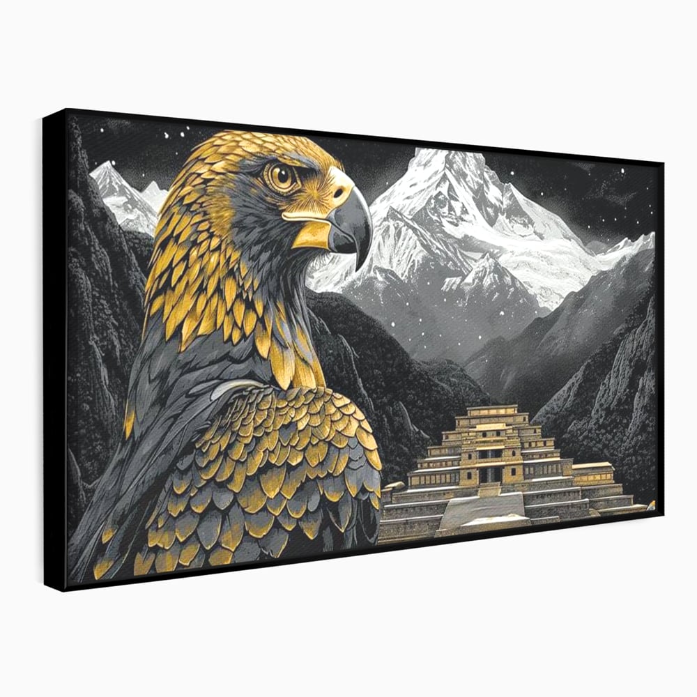 Leinwandbilder Premium, LuxCanva® M1058, Tempelwächter, Adler, Berg, Tempel, Heilig, Golden, Vogel, Ahnen, Azteke, Mythos, Büro, Wohnen, Wohnzimmer, Kinderzimmer