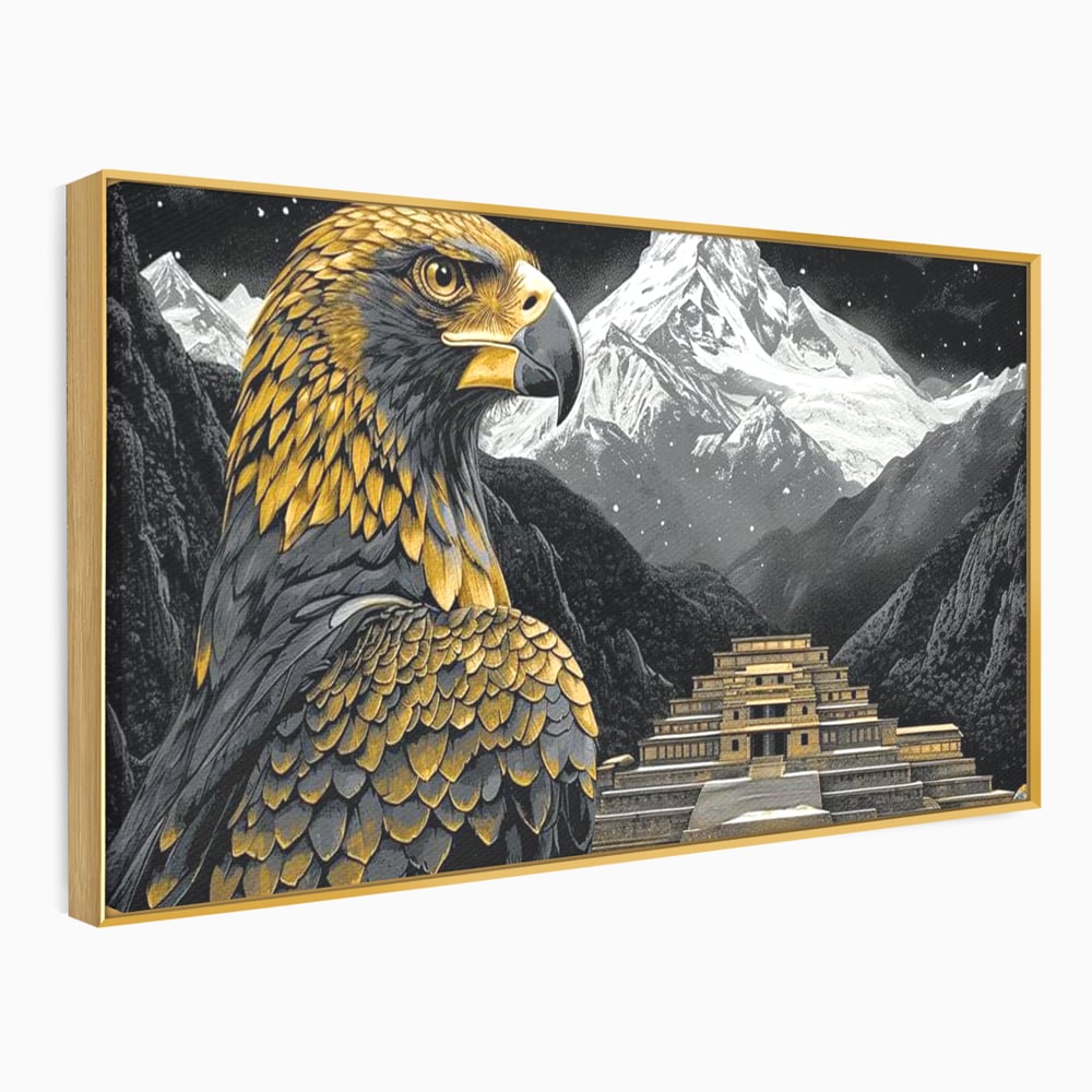 Leinwandbilder Premium, LuxCanva® M1058, Tempelwächter, Adler, Berg, Tempel, Heilig, Golden, Vogel, Ahnen, Azteke, Mythos, Büro, Wohnen, Wohnzimmer, Kinderzimmer