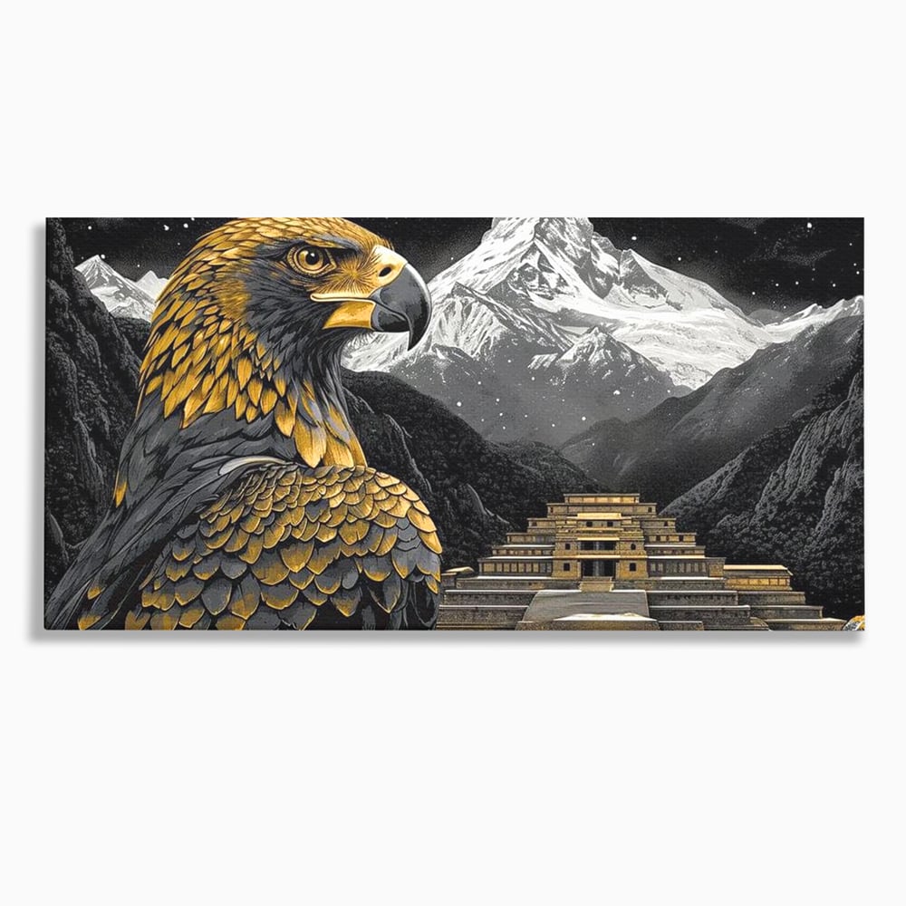 Leinwandbilder Premium, LuxCanva® M1058, Tempelwächter, Adler, Berg, Tempel, Heilig, Golden, Vogel, Ahnen, Azteke, Mythos, Büro, Wohnen, Wohnzimmer, Kinderzimmer