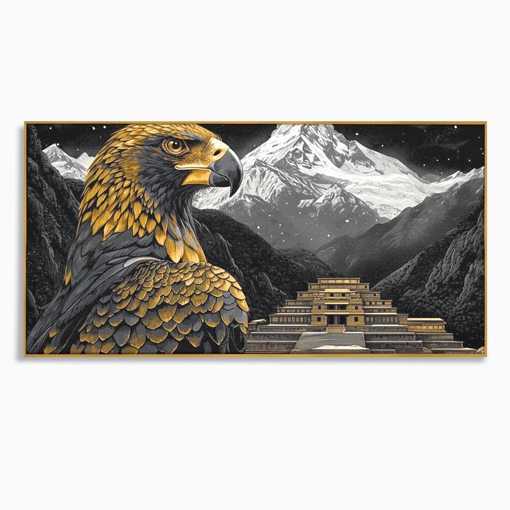Leinwandbilder Premium, LuxCanva® M1058, Tempelwächter, Adler, Berg, Tempel, Heilig, Golden, Vogel, Ahnen, Azteke, Mythos, Büro, Wohnen, Wohnzimmer, Kinderzimmer