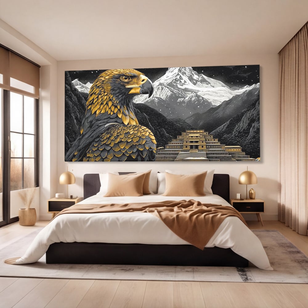 Leinwandbilder Premium, LuxCanva® M1058, Tempelwächter, Adler, Berg, Tempel, Heilig, Golden, Vogel, Ahnen, Azteke, Mythos, Büro, Wohnen, Wohnzimmer, Kinderzimmer
